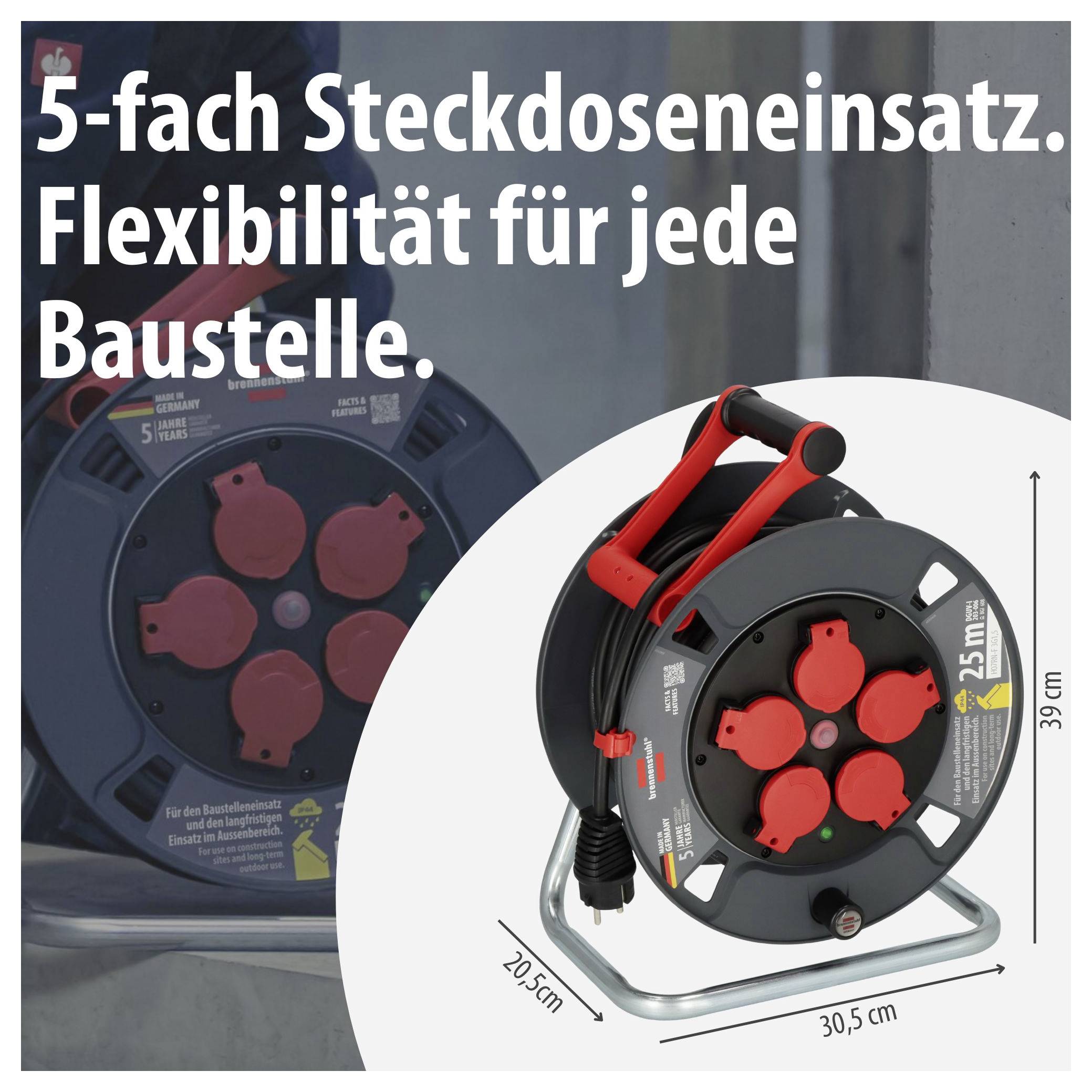Advertising image of a 5-way cable reel for the construction site with red and black power strip; dimensions: 30.5 cm wide, 39 cm high, 20.5 cm deep.