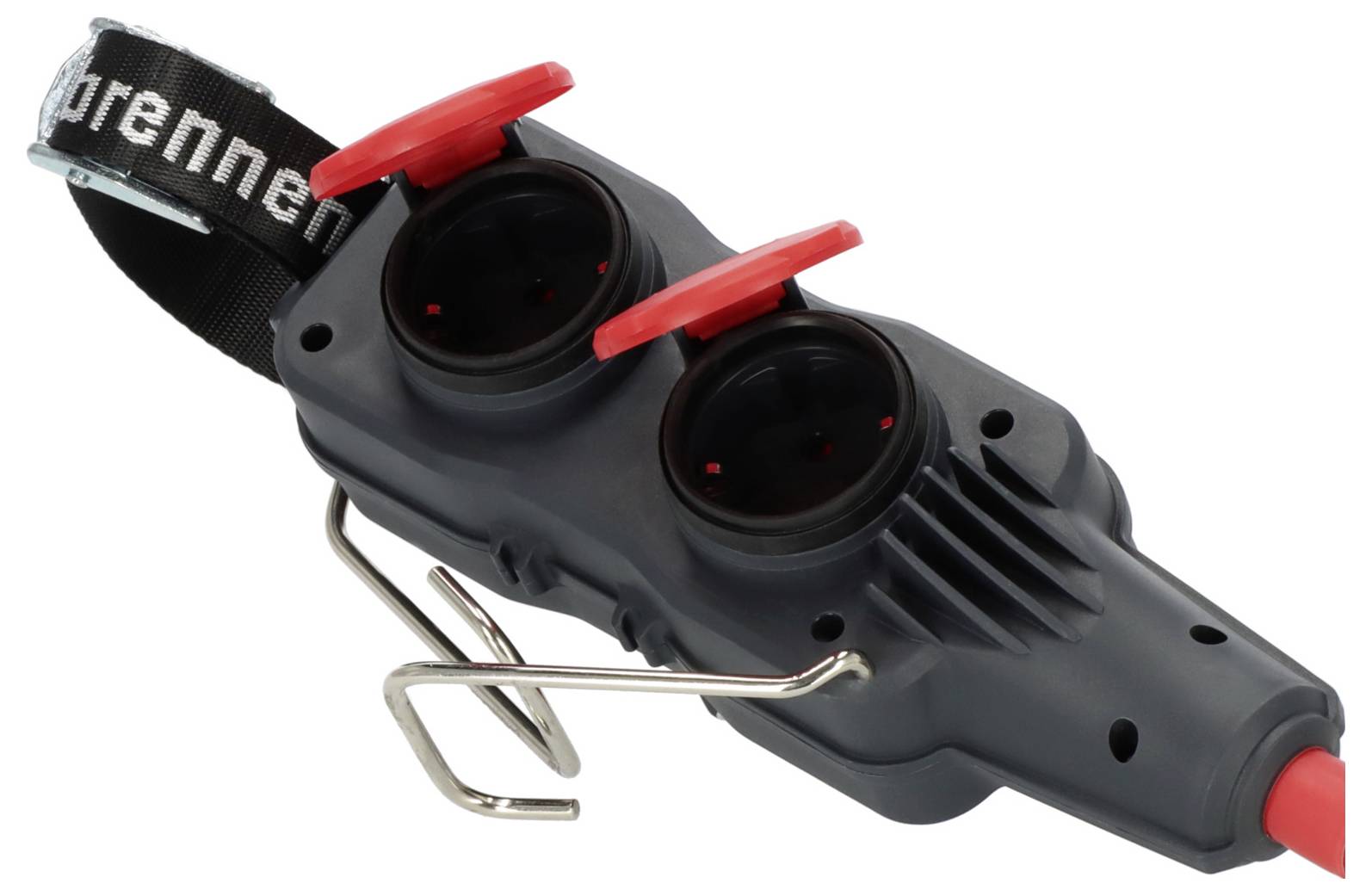 Grey, portable extension socket with two power outlets and a red switch. Mounting hook and black band with 'Brennenstuhl' lettering.