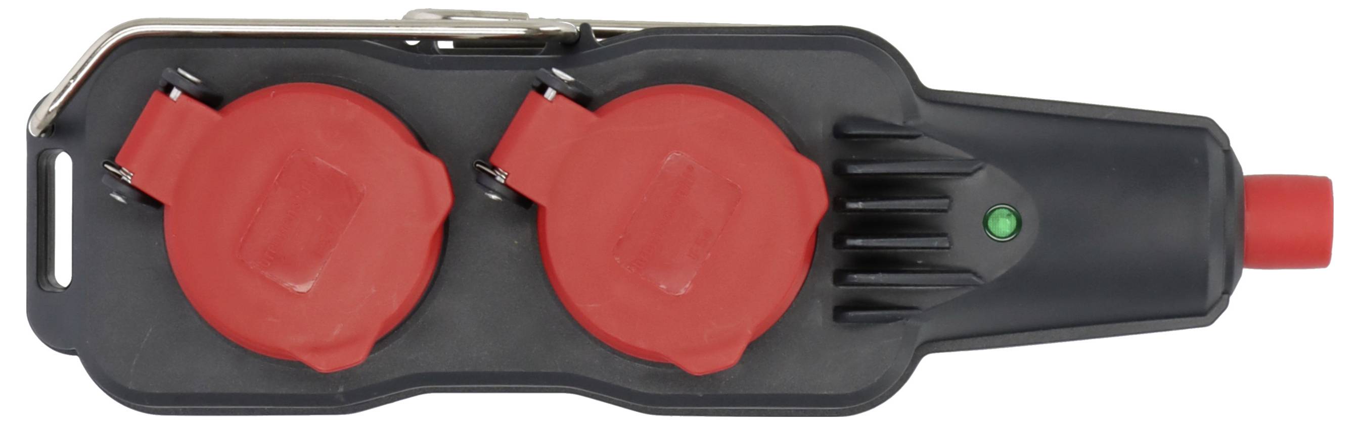 A black multi-socket adaptor with two red protective caps and a green indicator light. Perfect for outdoor use.