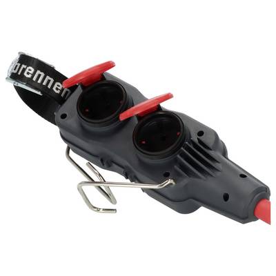 Black and red handheld infrared thermometer with dual circular lenses, wrist strap, and metal stand on a white background.