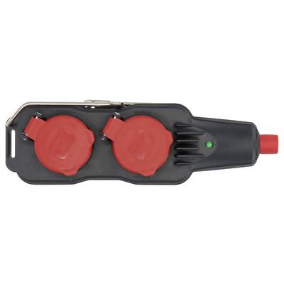 Black electrical connector housing with two red protective caps and a red end plug, shown on a white background.