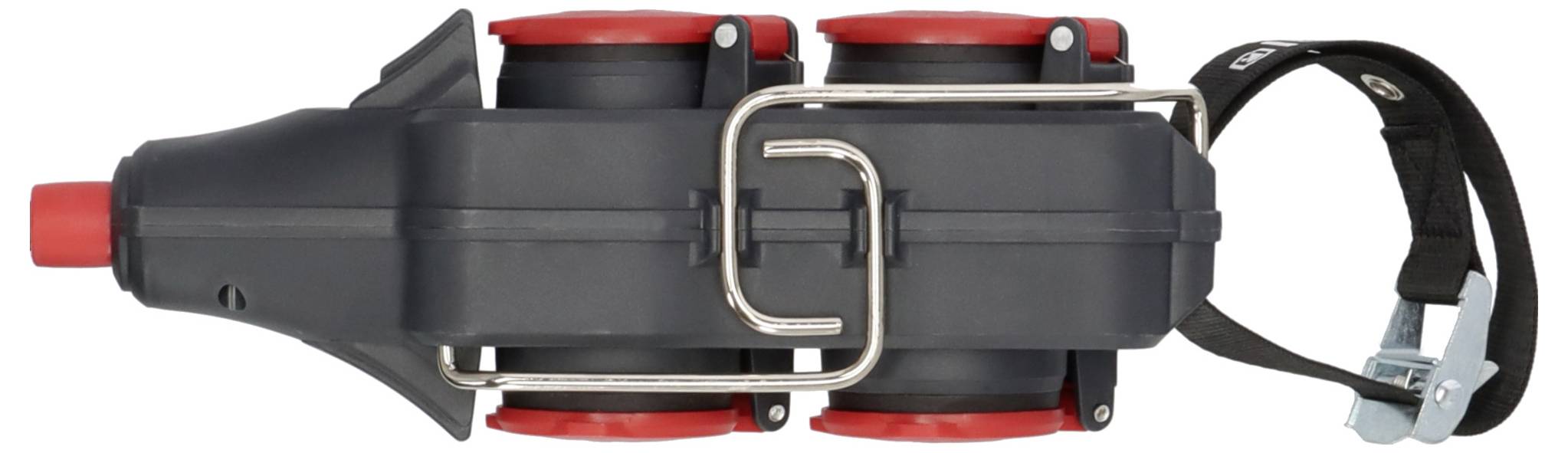 Black ratchet tie-down strap with red wheel chocks and a buckle, used to secure a motorcycle wheel for transport.