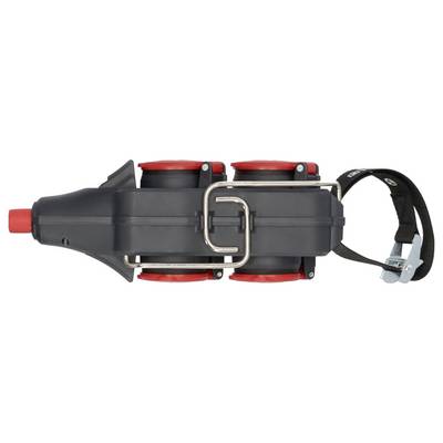 Black ratchet tie-down strap with red wheel chocks and a buckle, used to secure a motorcycle wheel for transport.