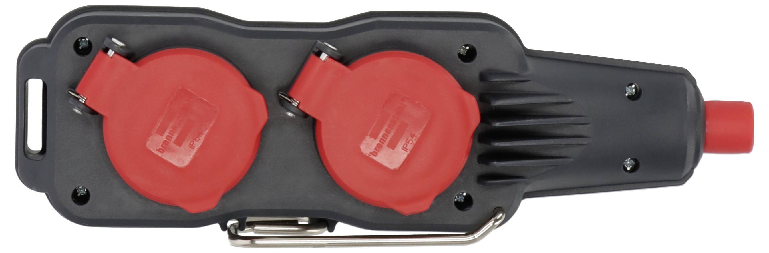 Black dual-outlet electrical socket adapter with two red protective covers and a red plug end.