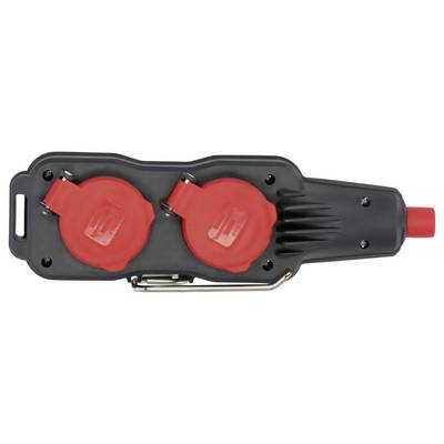 Black dual-outlet electrical socket adapter with two red protective covers and a red plug end.