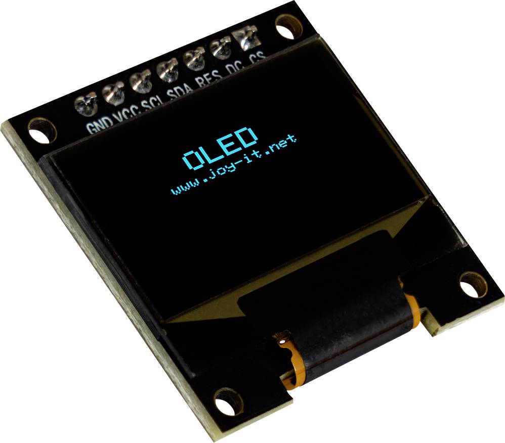 Small OLED display from Joy-IT with illuminated text 'OLED www.joy-it.net' on a black background. Connection ports at the top.