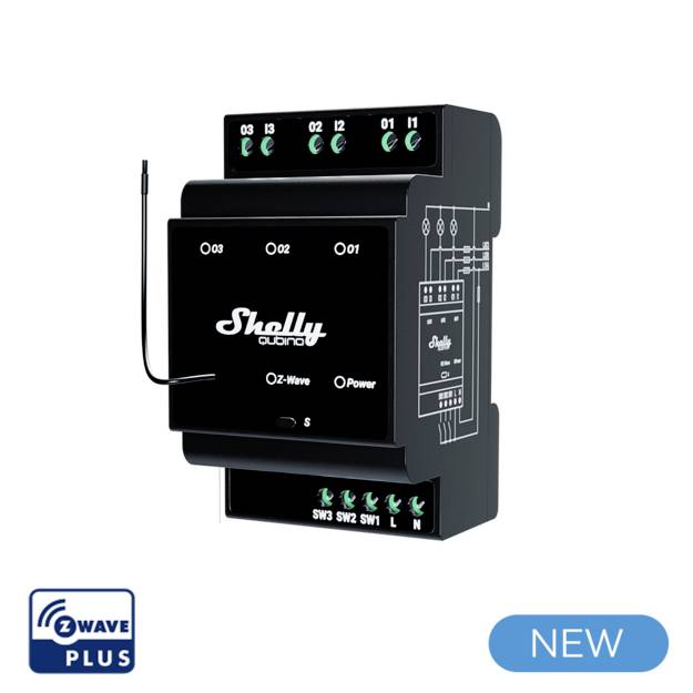 A Shelly Z-Wave relay module with connections for electrical controls. It has a compact, rectangular design.