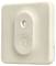 A cream-coloured, square smoke detector with concentric circles on the surface and a central button.
