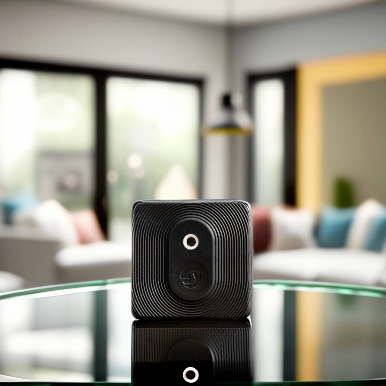 A black, square object sits on a glass table in a modern living room with a blurred background.
