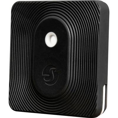 A black, square device with a ribbed design and a central, round button.