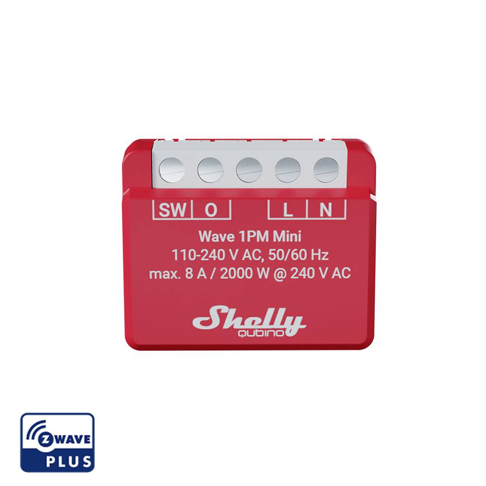 Red 'Shelly 1PM Mini' module for controlling electrical loads. Text: '110-240 V AC, 50/60 Hz, max. 8 A/2000 W @ 240 V AC'. Z-Wave Plus symbol bottom left.