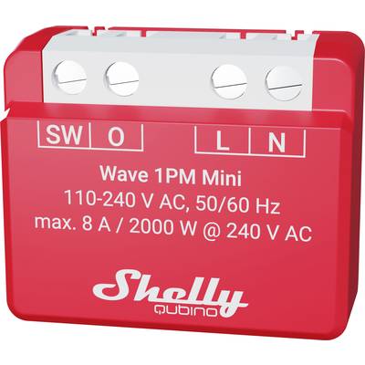 Red electrical module labelled 'SW O L N', specifications '110-240 V AC, 50/60 Hz, max. 8 A / 2000 W @ 240 V AC', brand 'Shelly'.