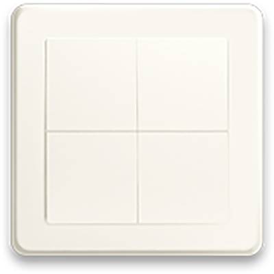 A square, white light switch with four separate buttons, mounted on a wall.