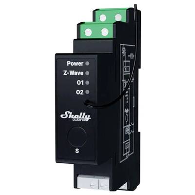 A black electric module with 'Shelly' printed on it. LEDs are visible for 'Power', 'Z-Wave', 'O1', and 'O2'. Wire for connection.
