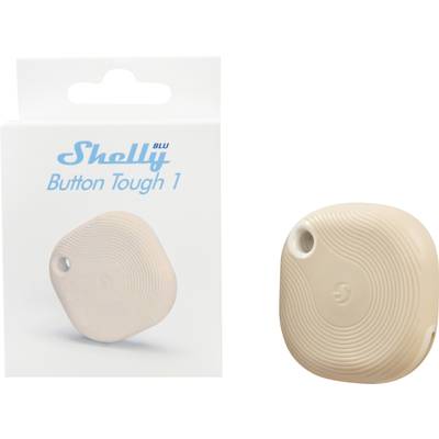 A beige-coloured switch named 'Shelly BLU Button Tough 1', pictured on packaging next to the device.