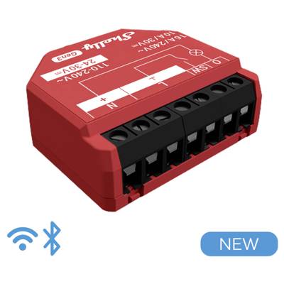 Red electrical switching module with multiple terminal blocks, marked for different voltages. Symbols for Wi-Fi and Bluetooth indicate connectivity.