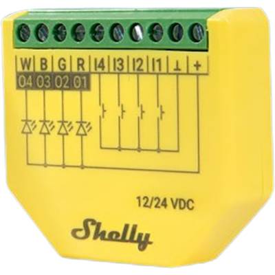 A yellow electronic module with a green connection strip and diagram. Markings indicate connections and voltage '12/24 VDC'.