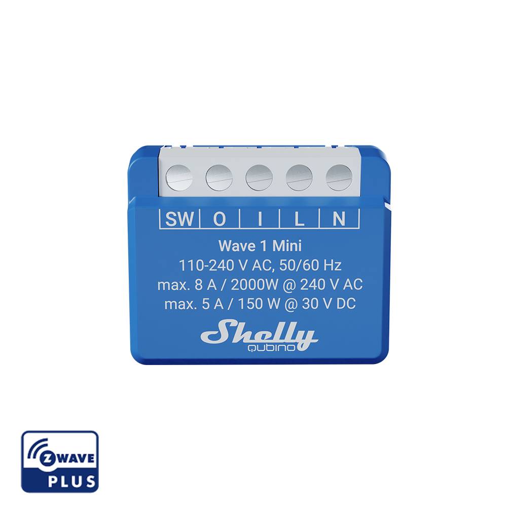 A small blue switch with the 'Shelly' label for household appliances, displaying electrical specifications: 110-240V, 50/60Hz.