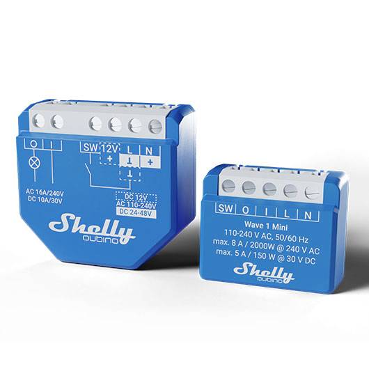 Two blue electronic modules with technical labelling and connectors, likely used for control or energy transmission.