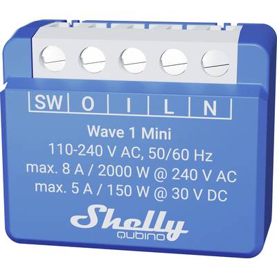 Blue Shelly Qubino Wave 1 Mini Switch, 110-240V AC, 50/60Hz, max. 8A/2000W at 240V AC, max. 5A/150W at 30V DC. Connections: SW, O, I, L, N.
