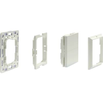 White modular socket components: mounting plate, separator frame, cover and faceplate. They are intended for electrical connection installation.