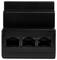 A black network switch with three Ethernet ports.