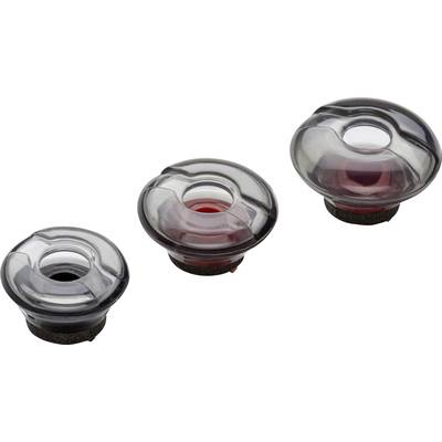 Three black and transparent rubber caps in various sizes on a white background.