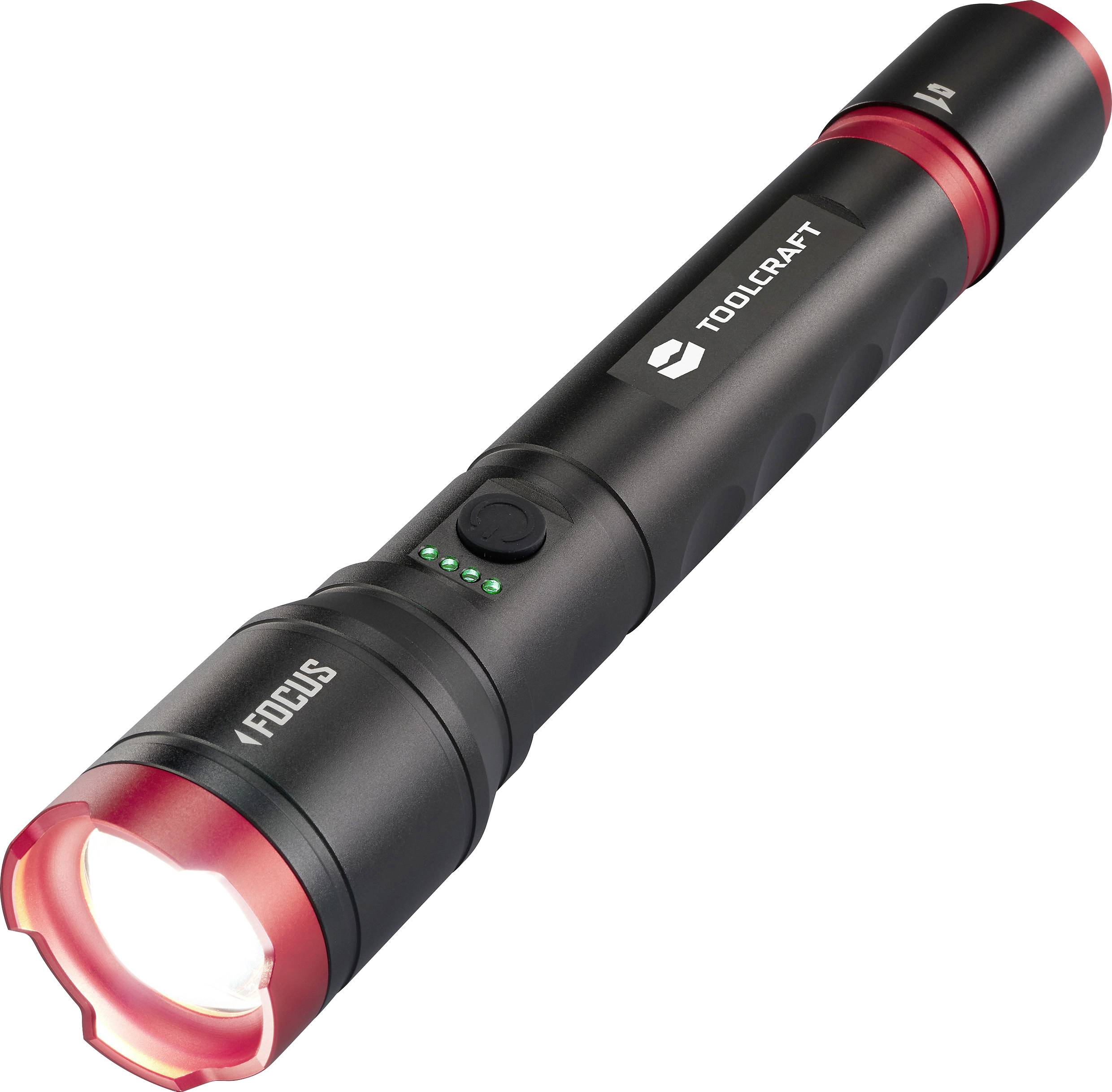 Black LED torch with a red rim, illuminated, 'Toolcraft' brand name visible.