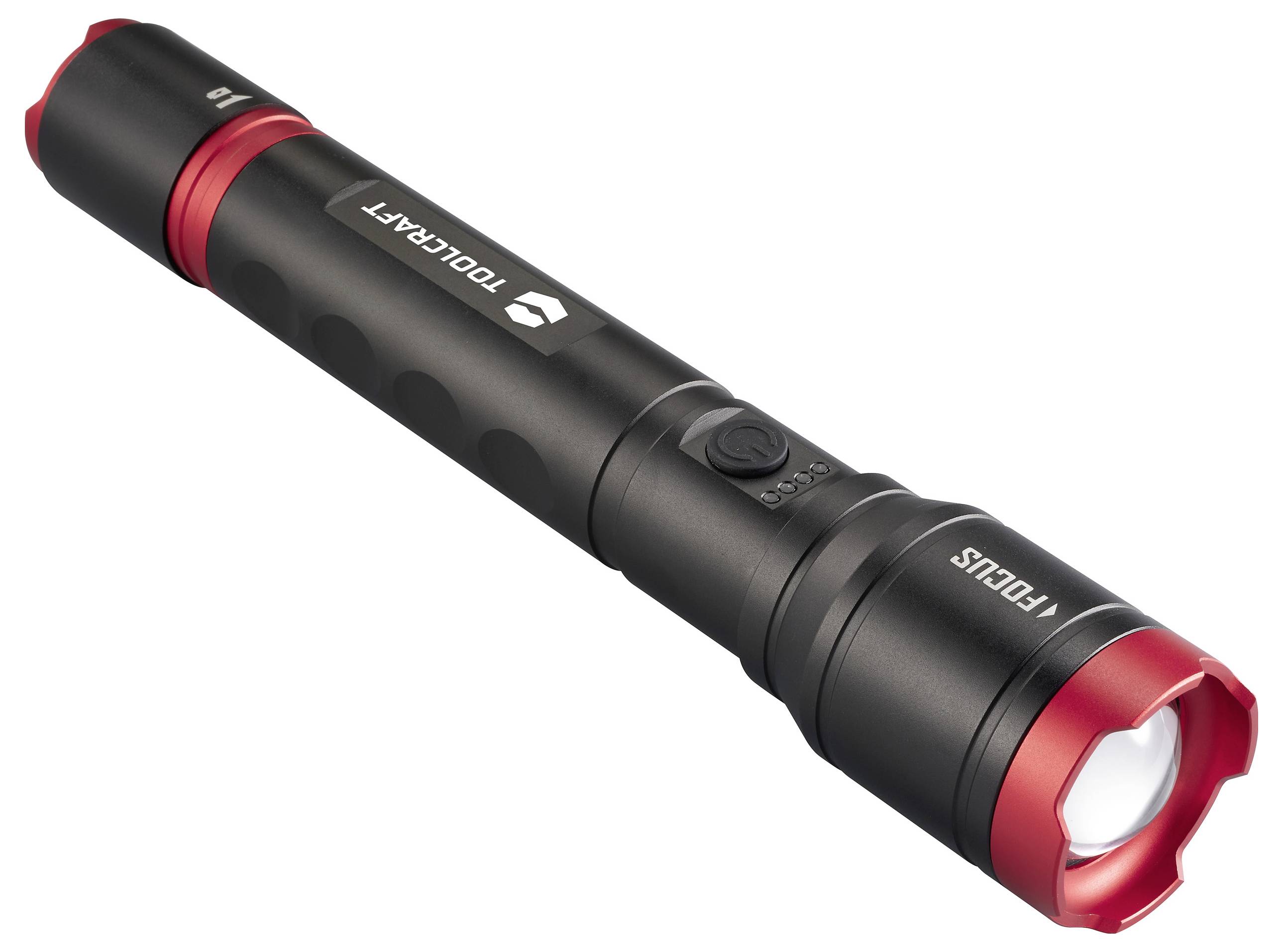 Black torch with a red head and button on the side, marked with 'FOCUS' and 'TOOLCRAFT'.