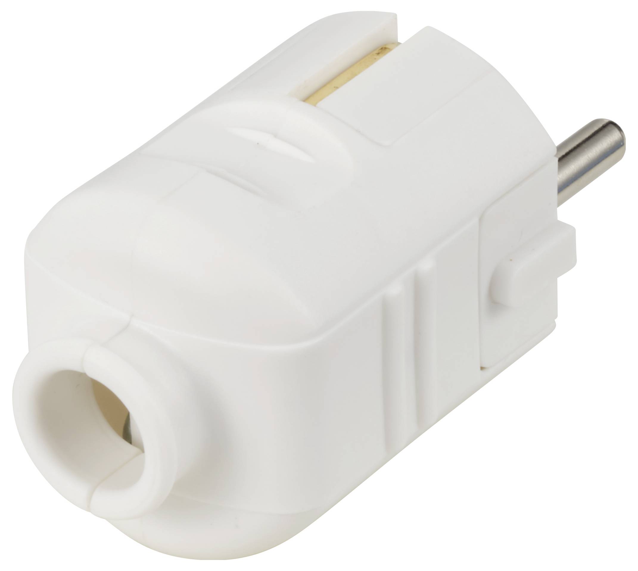 A white plug adapter with a round socket and pin plug.