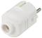 A white plug adapter with a round socket and pin plug.