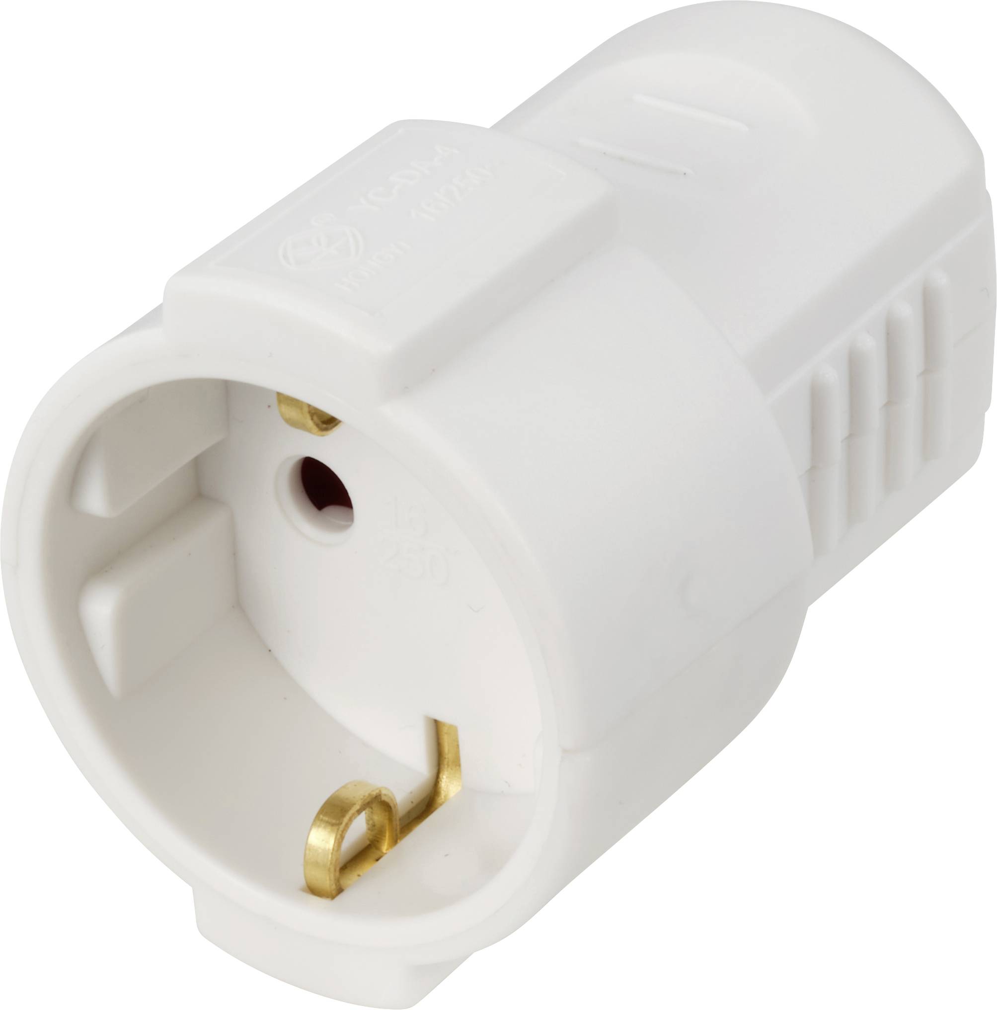 A white socket adapter with protective contact and earth connection, suitable for connecting EU devices to various power outlets.