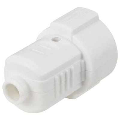 A white plastic connection adapter, cylindrically shaped with ribbed sides, for technical applications.