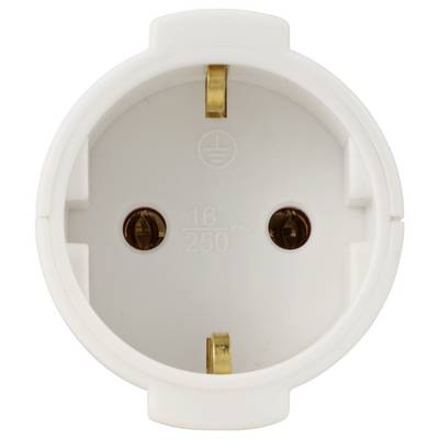 White European electrical socket with two holes and earth contact on a white background.