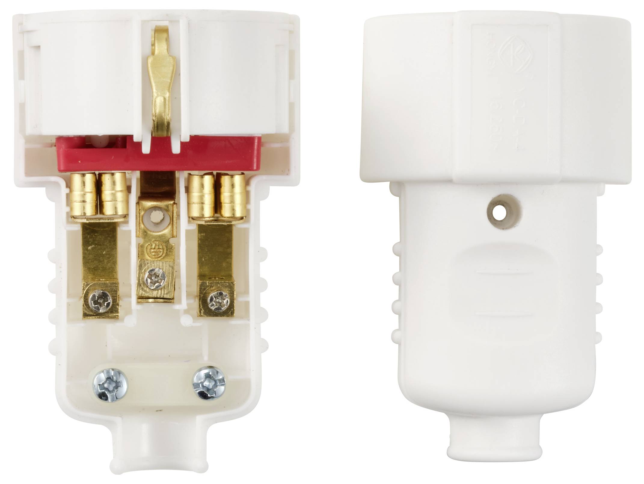 'European Plug: Open plug showing contacts and screws, with the closed plug beside it. Used for electronics.'