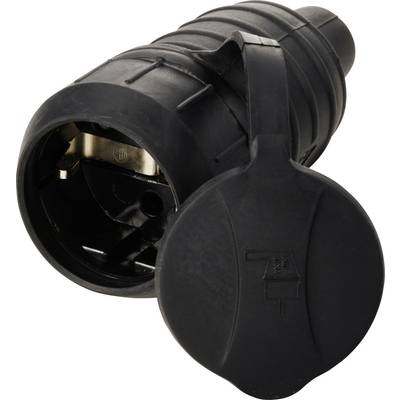 A black, robust plug with a protective cap, showing the connection area. Suitable for weatherproof electrical connections.