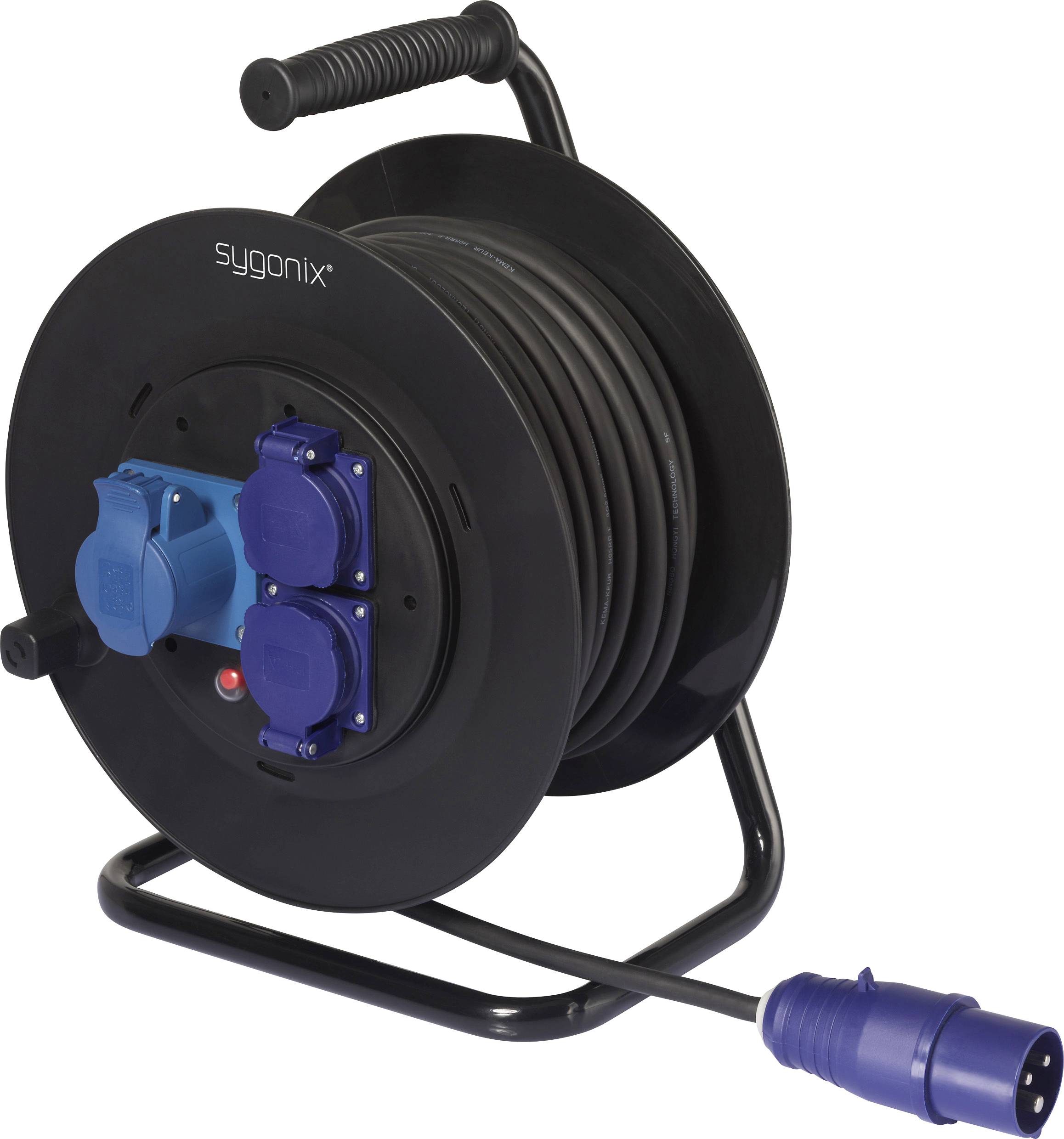 Black cable reel with blue socket and plug, handle on top. Marked with 'sygonix'. Suitable for outdoor power supply.