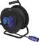 Black cable reel with blue socket and plug, handle on top. Marked with 'sygonix'. Suitable for outdoor power supply.