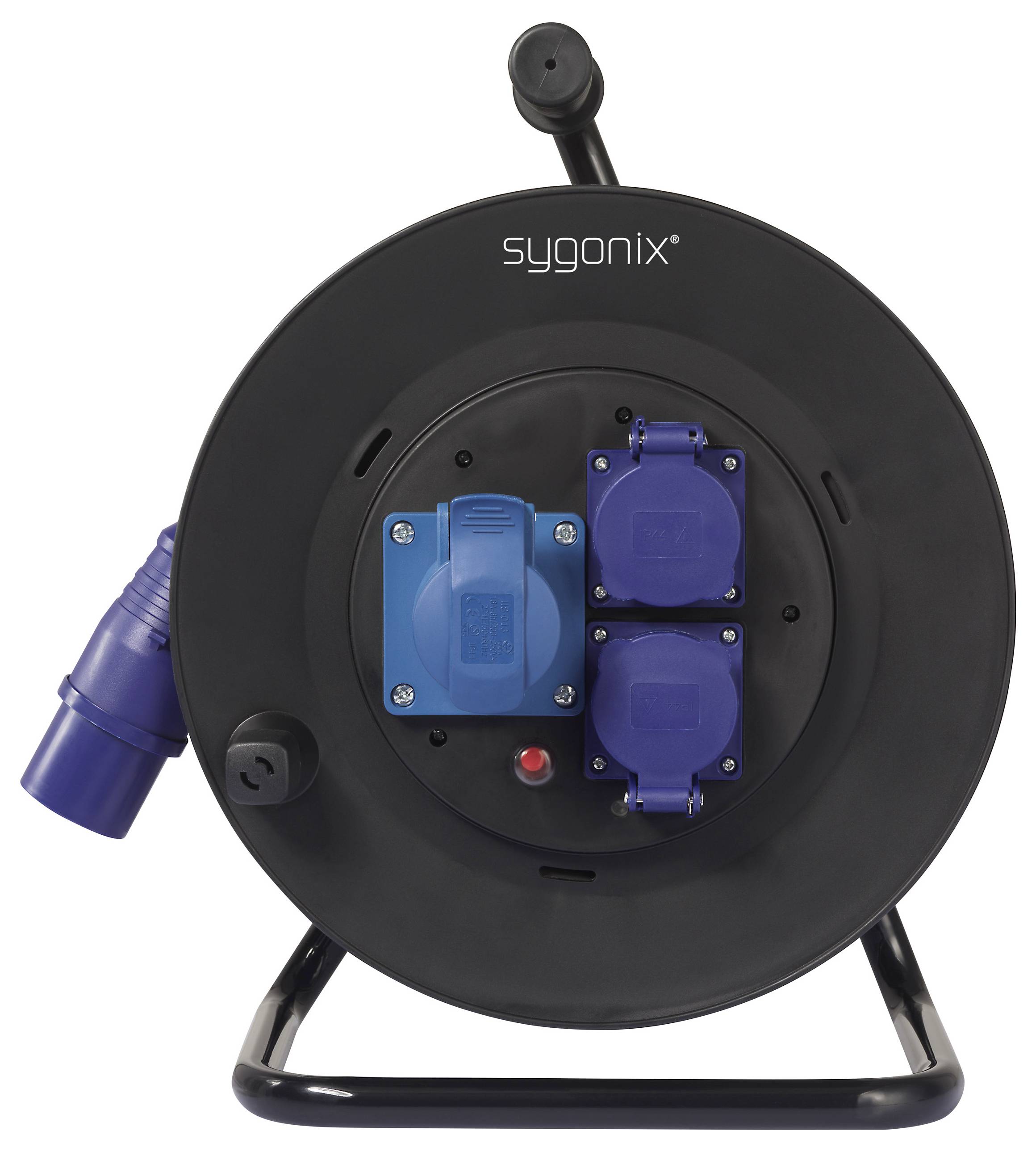 A black cable reel with three blue plug sockets, a mains cable and a handle on top, marked with 'sygonix'.