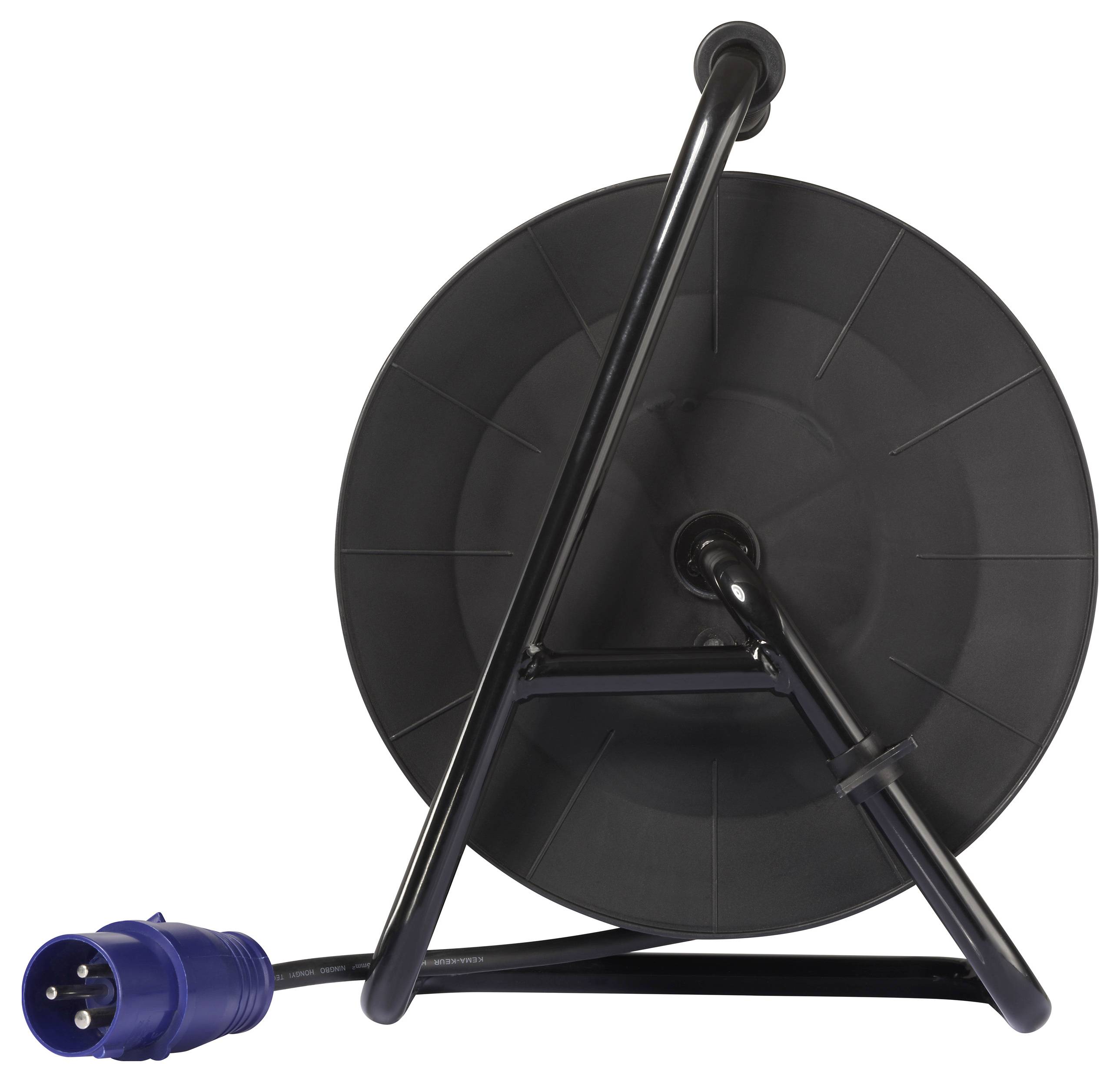 Black cable reel with blue plug, empty, on a white background.