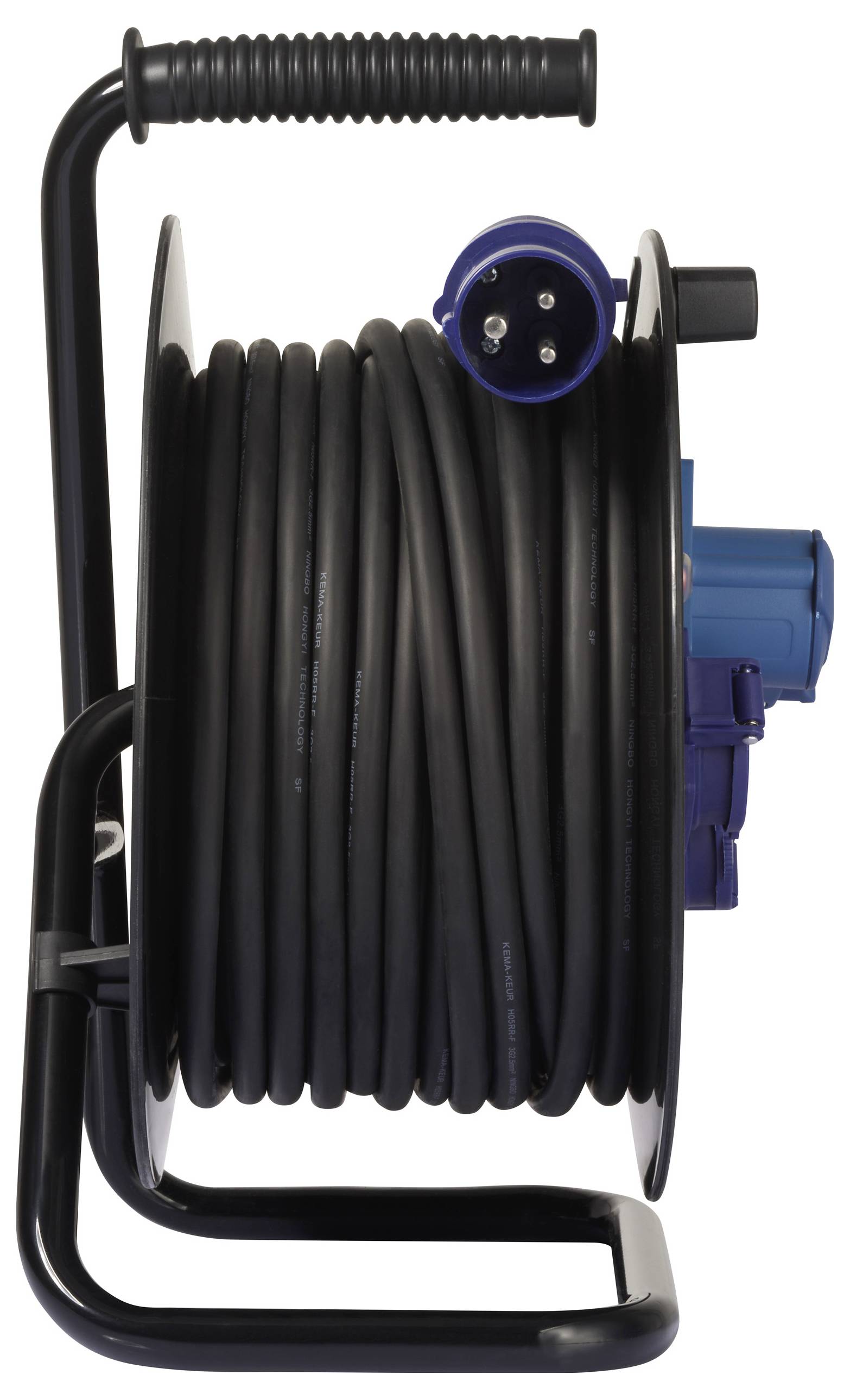 'Image shows a black cable reel with a cable wound around it and a blue plug, viewed from the side.'