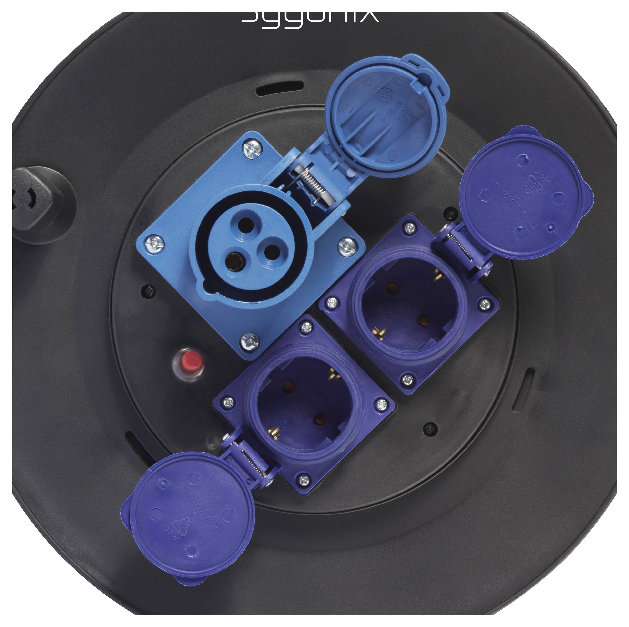 In the image, three blue power sockets are visible against a black background, with two positioned at the bottom and one at the top, all covered in blue.