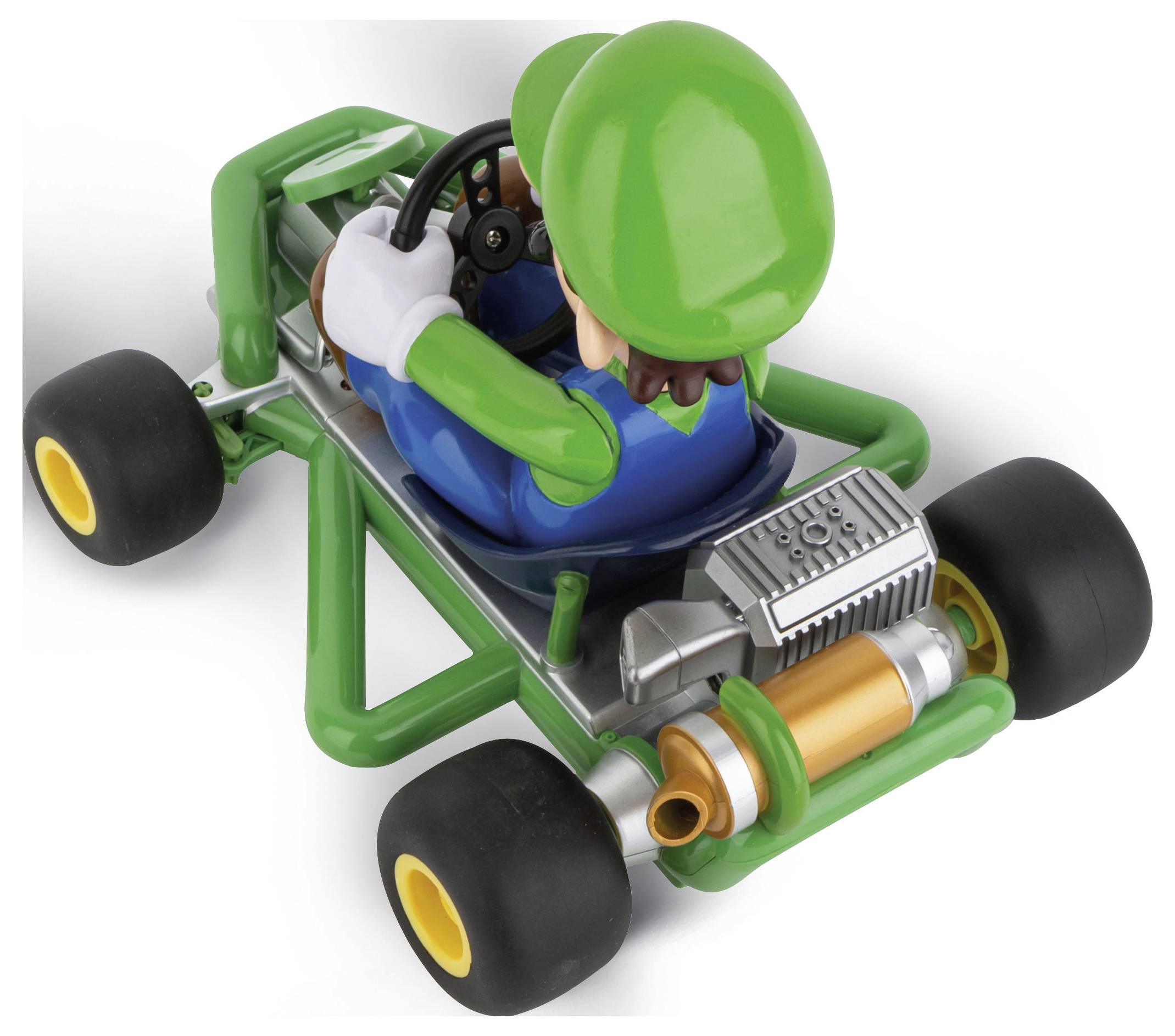 A figure sits in a green go-kart with large black tyres and an engine at the rear. They are wearing a green helmet and driving.
