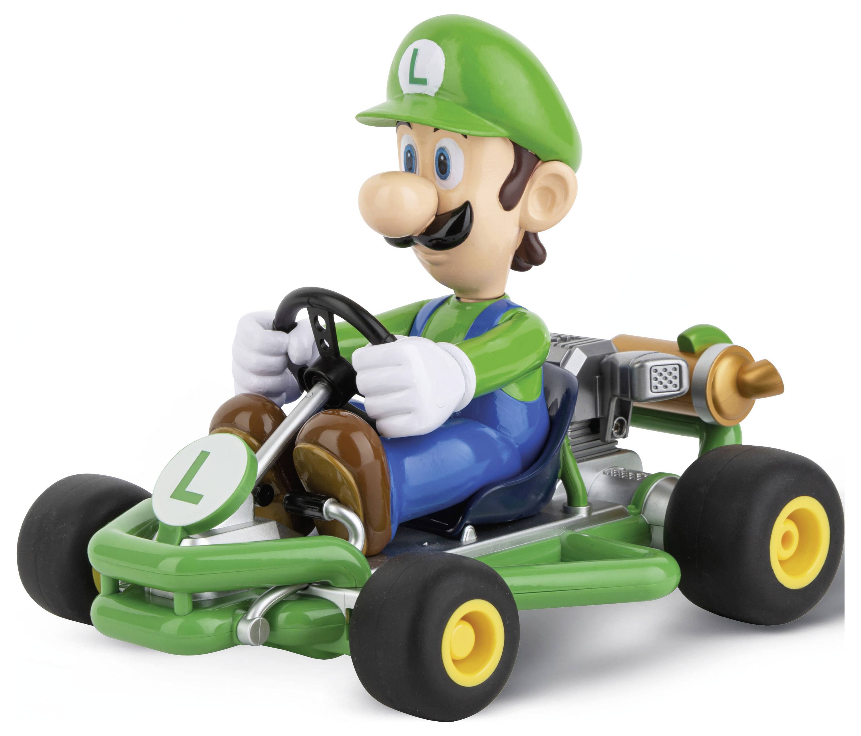 A character in a green racing kart wearing green clothing and a hat. The kart has an "L" on the front and black tyres.