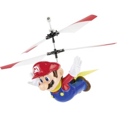 A toy helicopter with a figure of an animated character in a red suit and cap, hands outstretched, ready to fly.