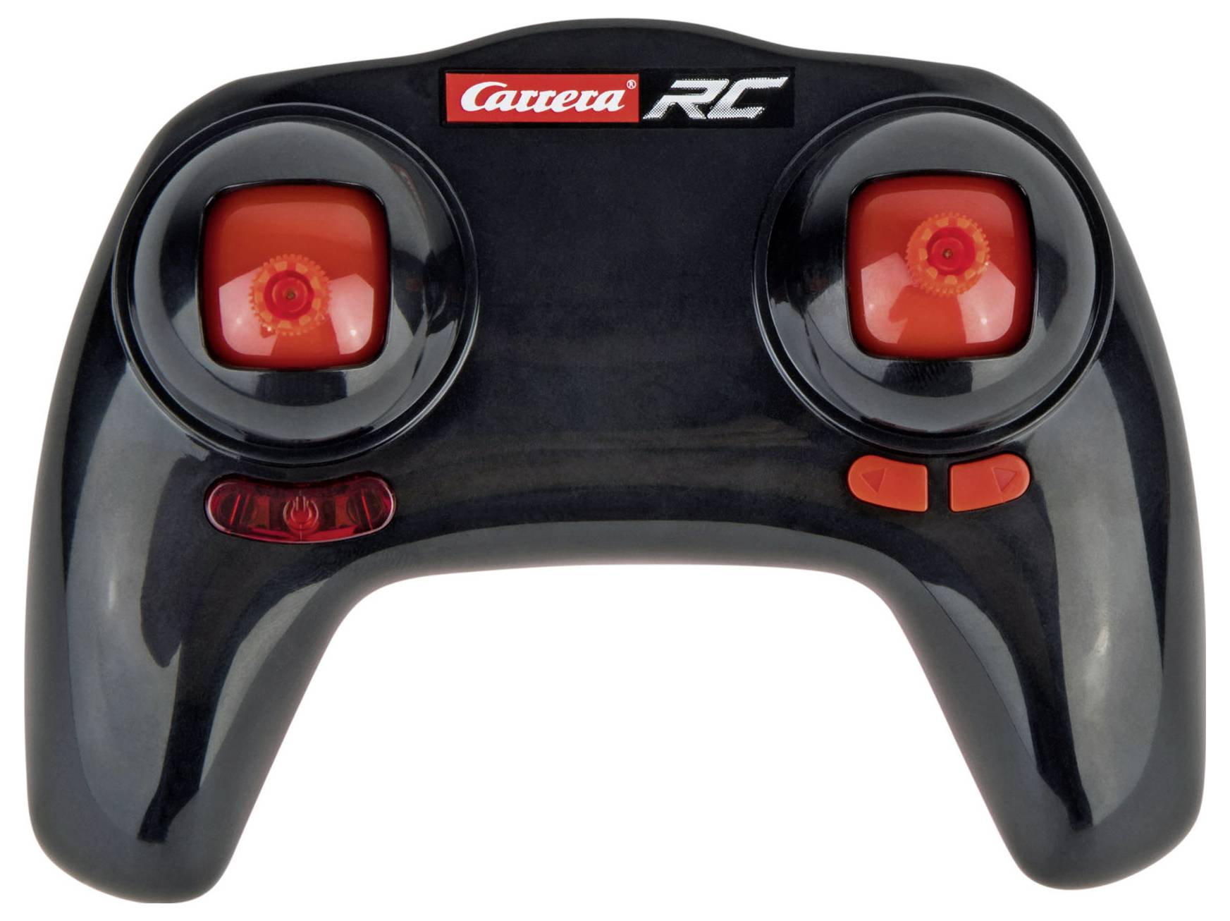 Black remote control controller with two red joysticks and red buttons, brand logo at the top.