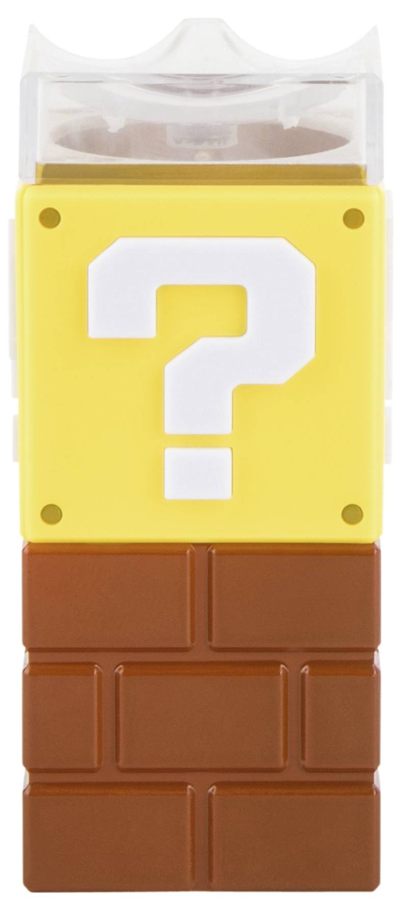 Yellow cube with a white question mark and a transparent top surface, stacked on brown brick cuboid blocks.