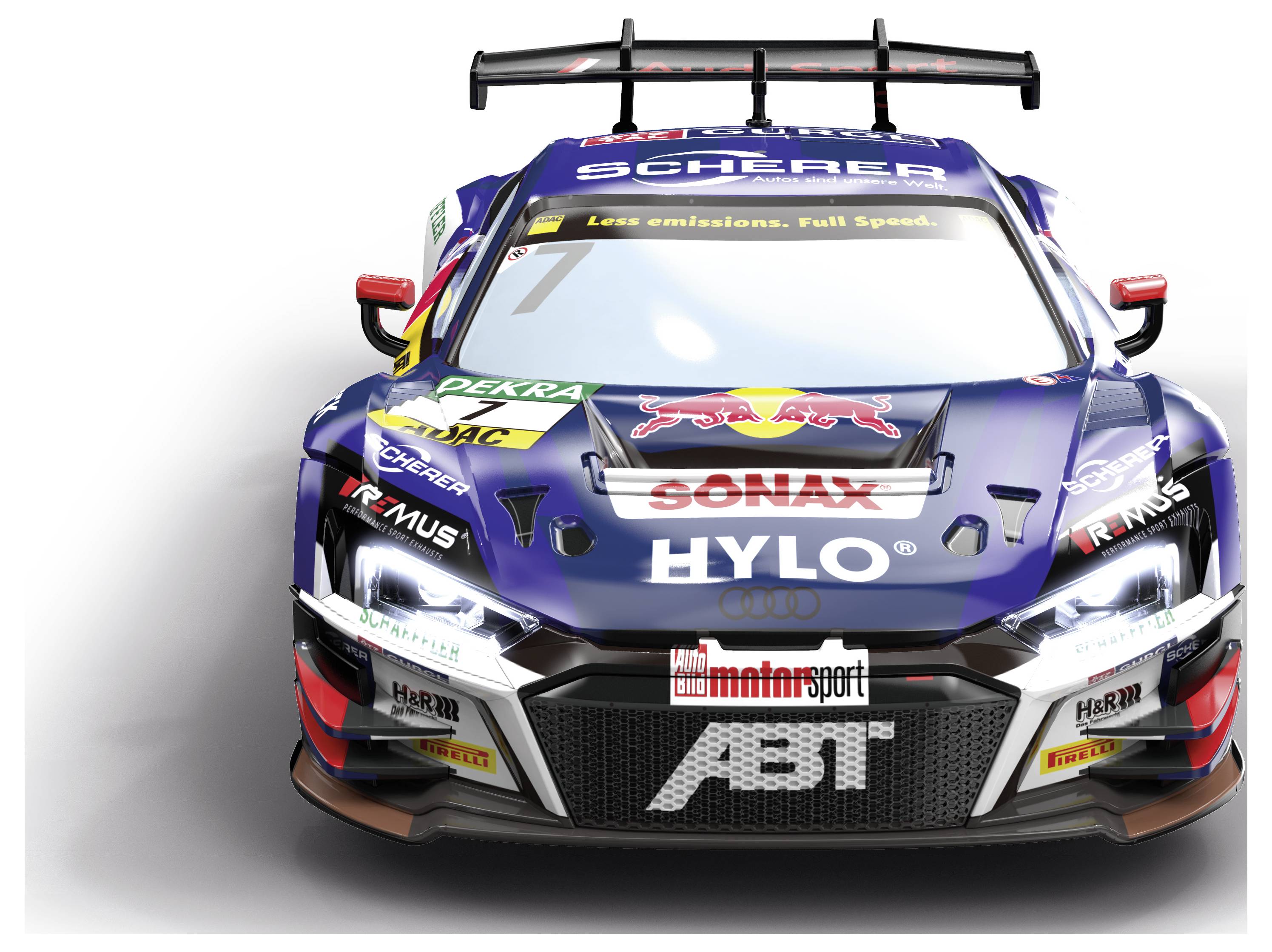 Racing car with start number 7, sponsored by Red Bull, Sonax and other brands, facing forward.