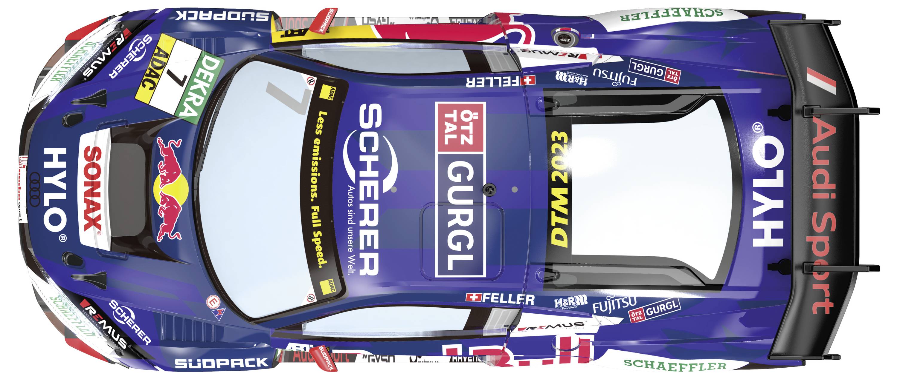A racing car viewed from above with blue paintwork and sponsor logos. On the windscreen is written 'DTM2023'.