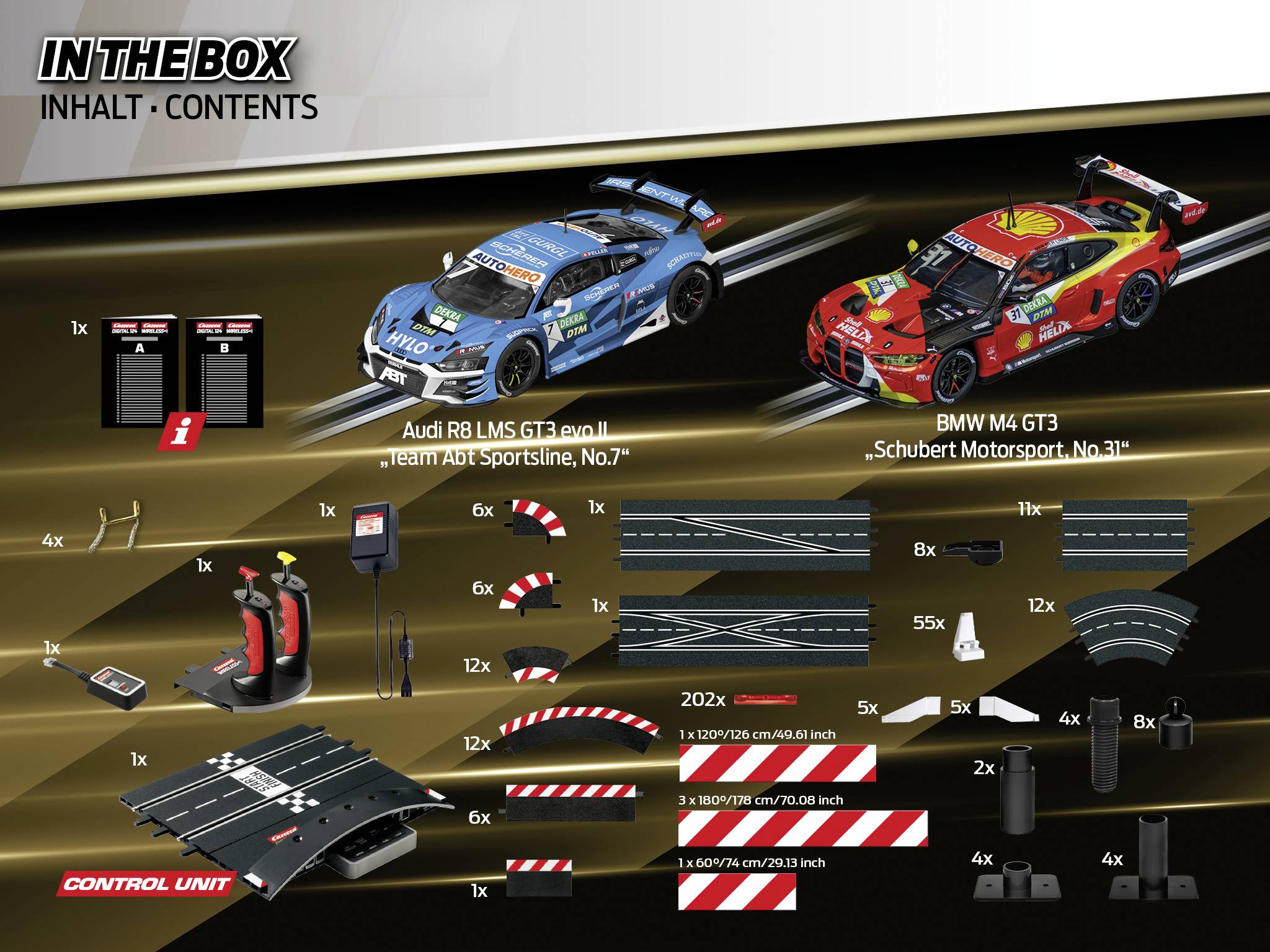 'IN THE BOX - CONTENTS' shows two racing car models: Audi R8 LMS GT3 and BMW M4 GT3. Included are track sections, crash barriers and a control unit for a slot car racing track.